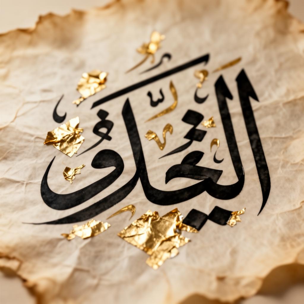 Calligraphie arabe traditionnelle à l'encre noire et feuille d'or