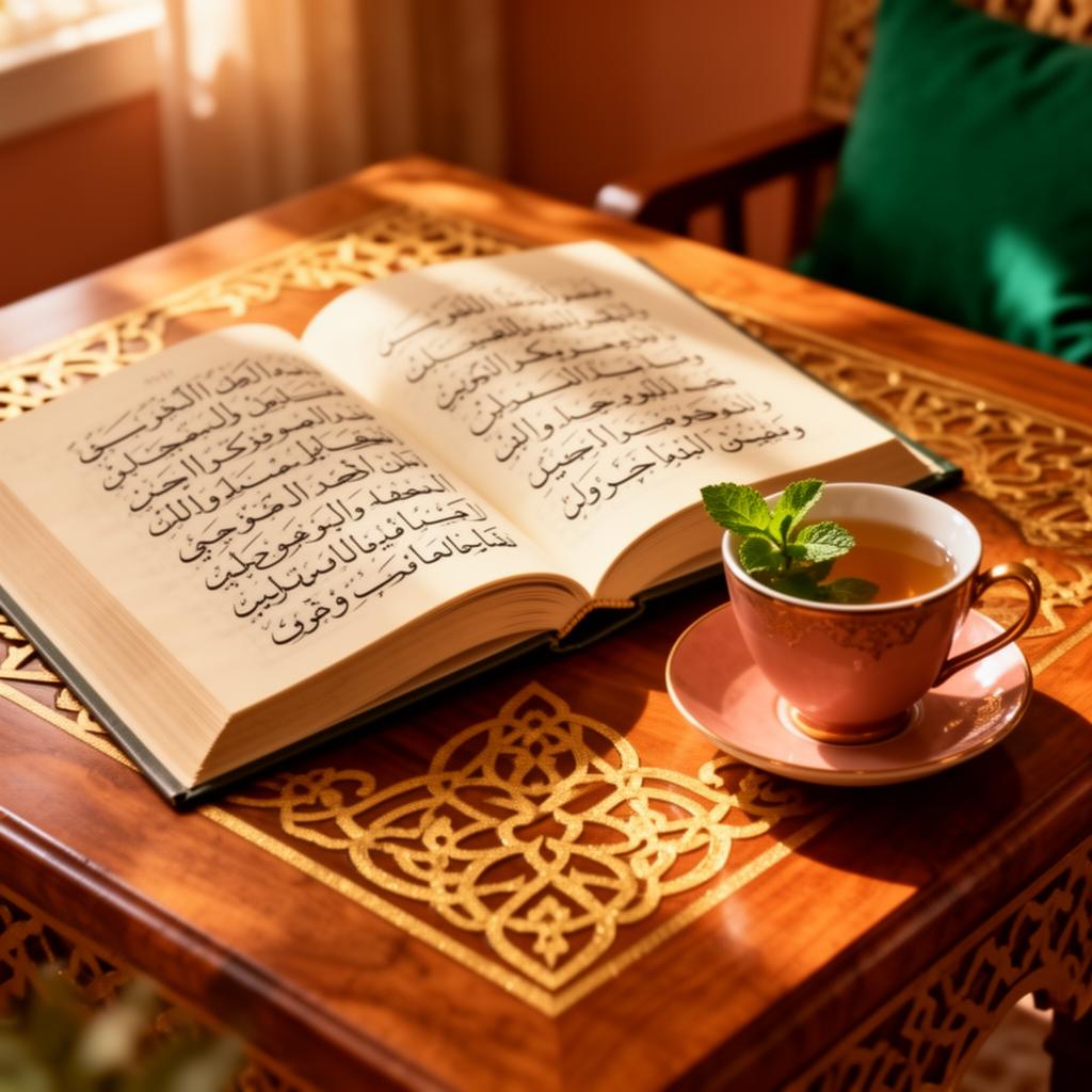 Livre de calligraphie arabe sur une table en bois ornée de motifs dorés